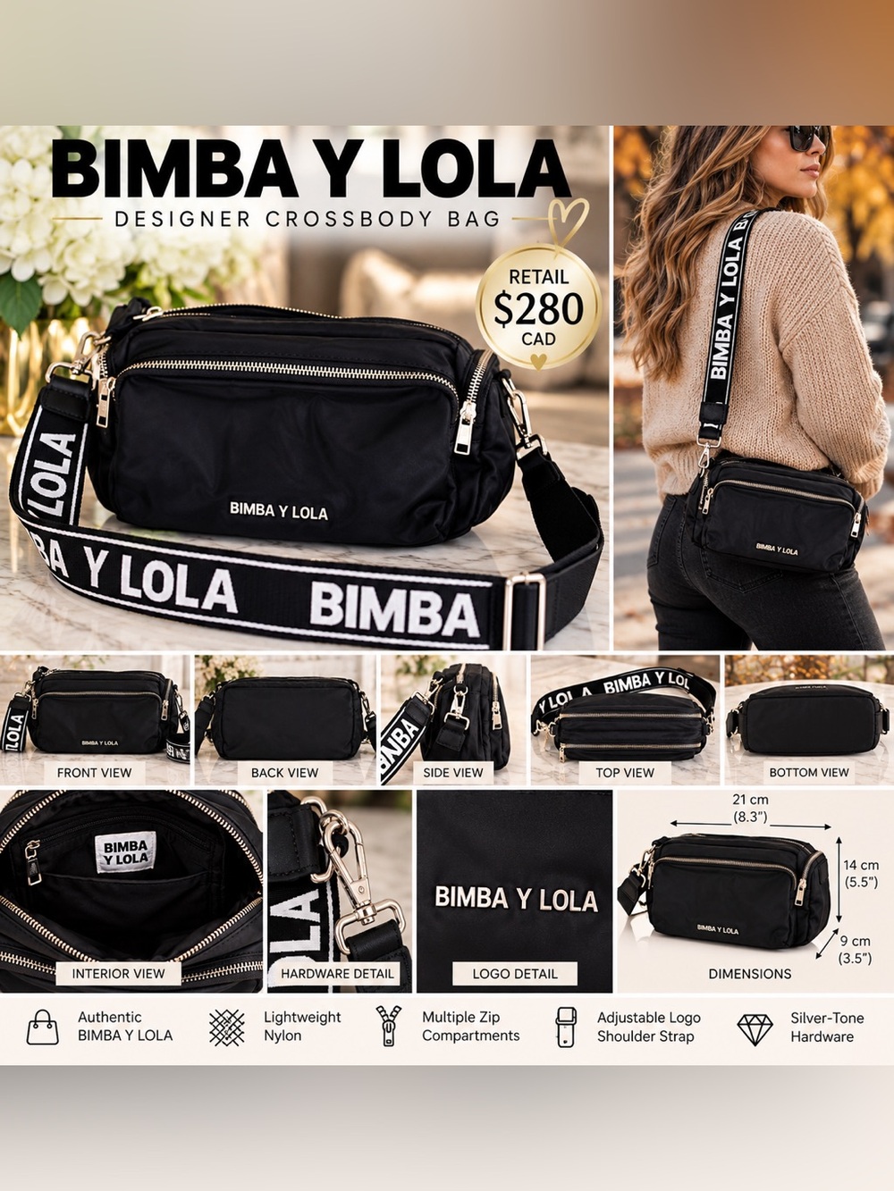 Bimba y Lola Black Crossbody Bag with Branded Strap